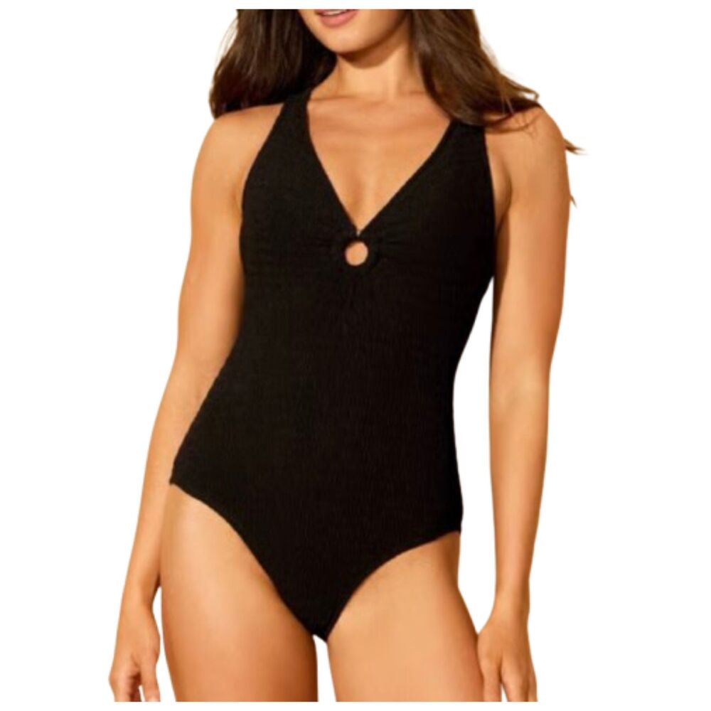 Shade & Shore NWT Black Crinkle Plunge Full Coverage One Piece Swimsuit Size S